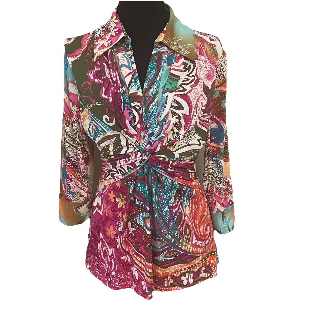 VINTAGE PATCHINGTON Y2K  Sz L Floral Paisley Batik Knotted‎ Collared Blouse Top